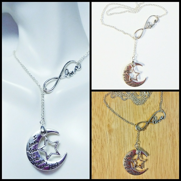 Silver Toned Love Moon Stars Infinity Necklace - Picture 2 of 5